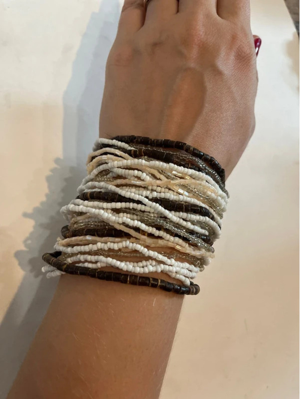 White brown Beaded Layered Wood Closure Bracelet Boho Thick Stretchy